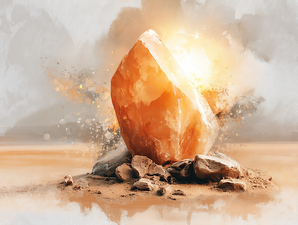 Zonnesteen met warme oranje gloed en zonlicht als symbool voor innerlijke kracht