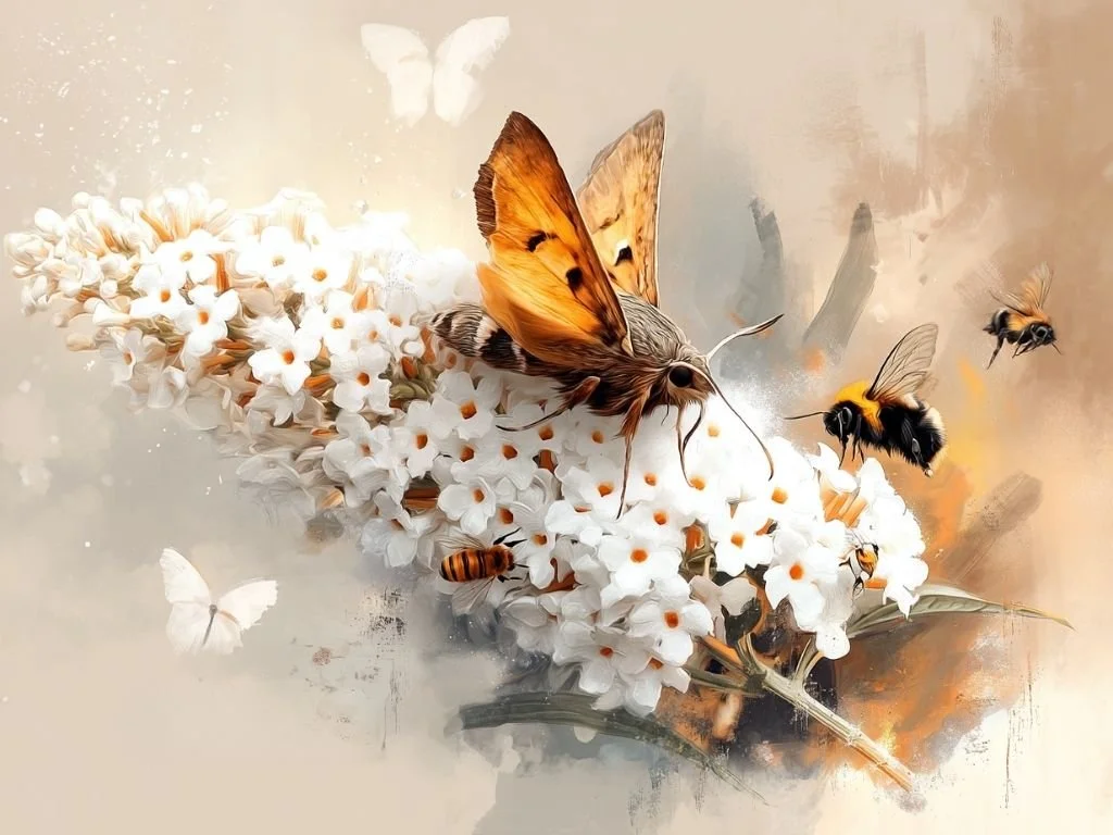 Gamma-uil op bloeiende vlinderstruik tussen andere bestuivers in een biodiverse tuin.
