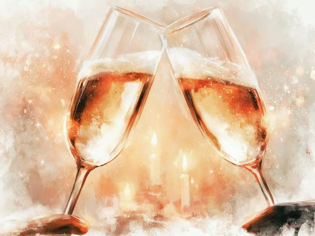 Twee champagneglazen die tegen elkaar klinken tijdens een nieuwjaarsviering als symbool voor een nieuw begin.