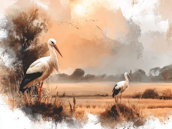 Twee ooievaars in een landschap.