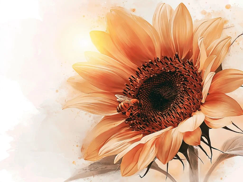 Macrobeeld van het hart van een zonnebloem met spiraalvormige patronen en een bij die stuifmeel verzamelt.