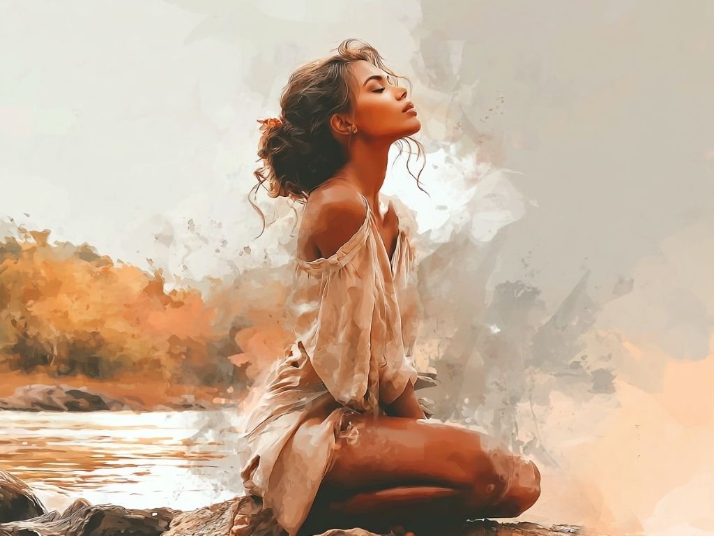 Vrouw zit rustig aan een rivier in de zon en ervaart rust en verbinding met de natuur