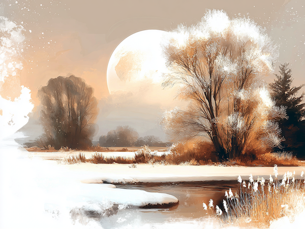 Sneeuwmaan boven een stil winterlandschap met zachte maanenergie en vrouwelijke rust