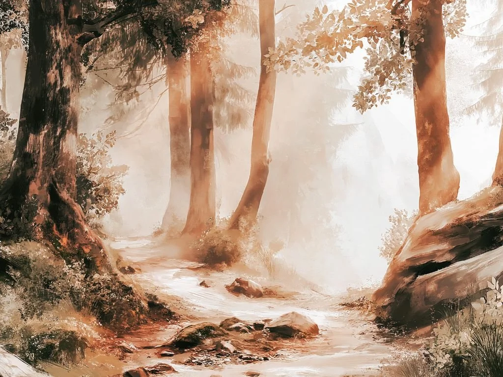 Zacht zonlicht tussen oude bomen in een stil bos, waar de roep van een groene specht klinkt.