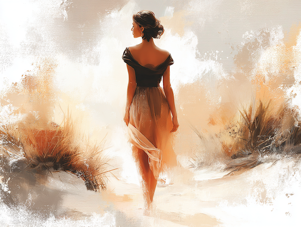 Illustratie van een vrouw die in meditatie zit, omringd door zachte kleuren en bladvormen.