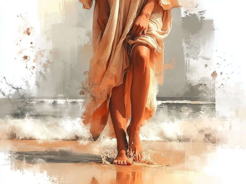 Vrouw aan zee die symbool staat voor water, leven en de cyclische natuur van het lichaam