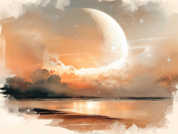 Nieuwe maan boven een rustige oceaan met zachte sterrenhemel en spirituele sfeer