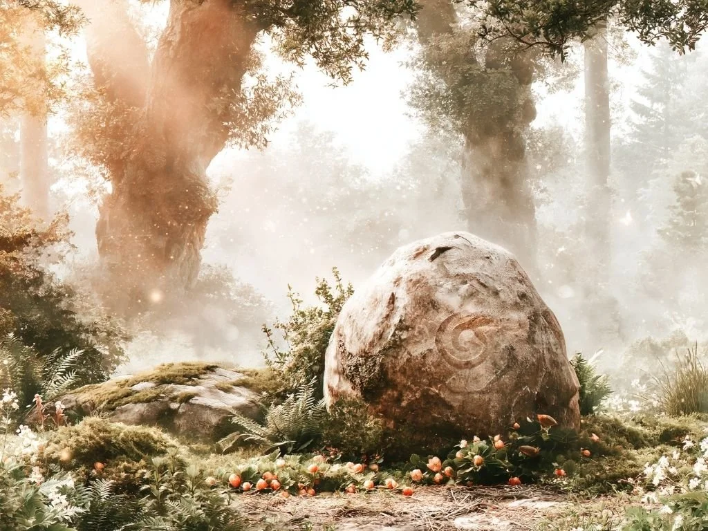 Wilde aardbeien in een Keltisch boslandschap als symbool van oude natuurmagie, overvloed en verwondering.