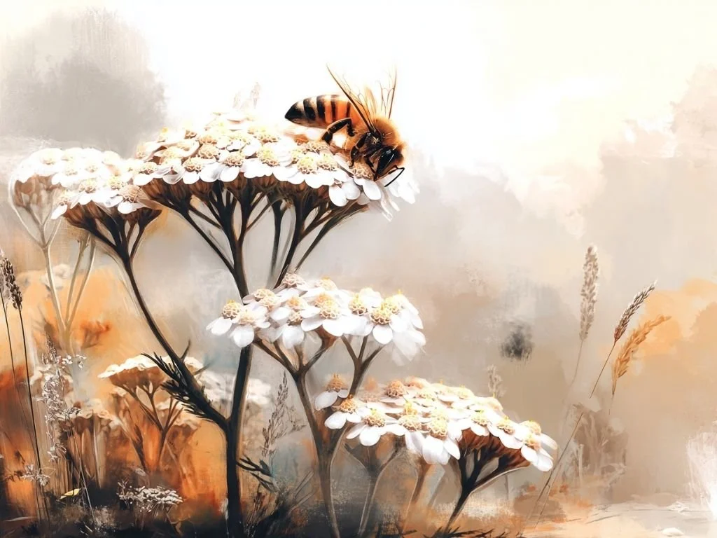 Een honingbij op een bloeiend duizendblad in een natuurlijke bloemenweide.