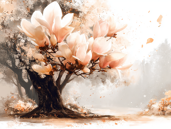 Magnolia boom in volle bloei in een rustige lentetuin met vallende bloemblaadjes.png