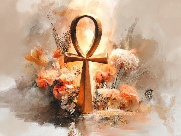 ankh symbool in zachte watercolor stijl met bloemen en vrouwelijke energie