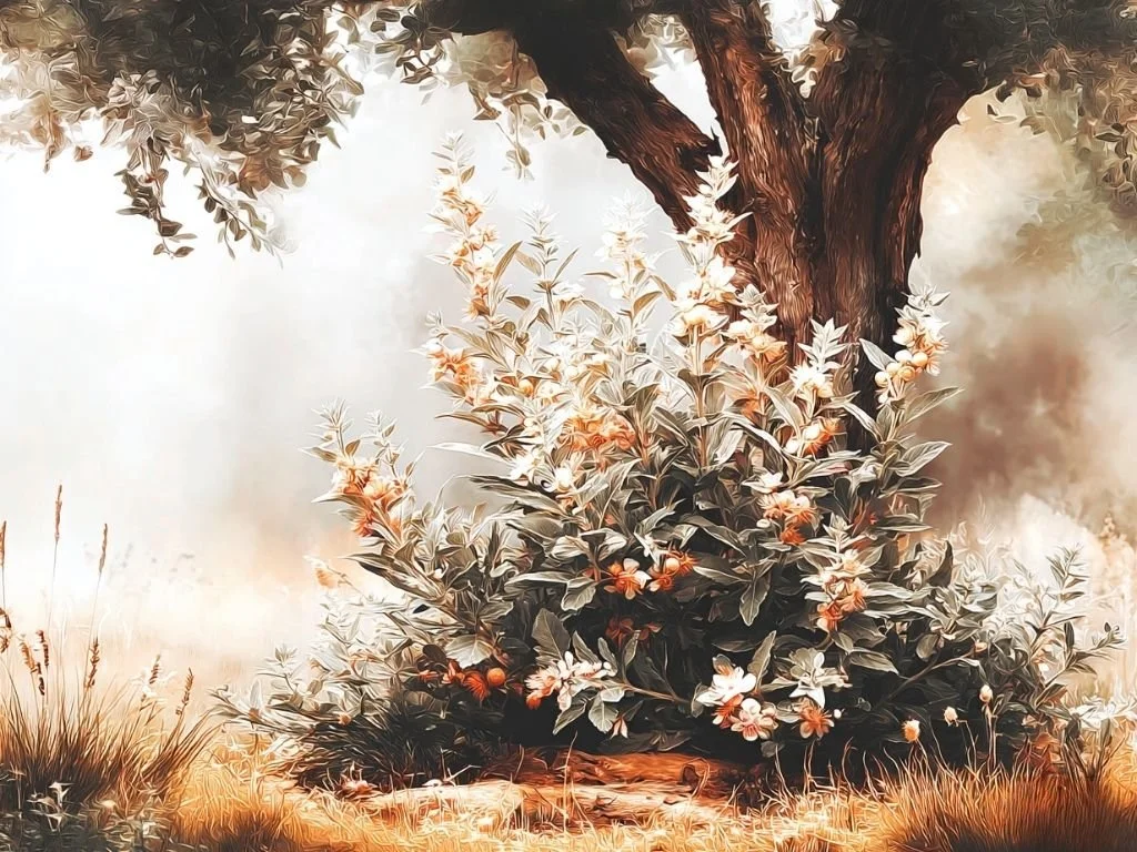 Hoge bijvoet groeit bijna tot aan de takken van een appelboom in een zomertuin
