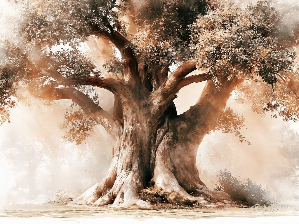 Eeuwenoude boom met uitgestrekte takken in een mystiek bos vol zacht ochtendlicht.
