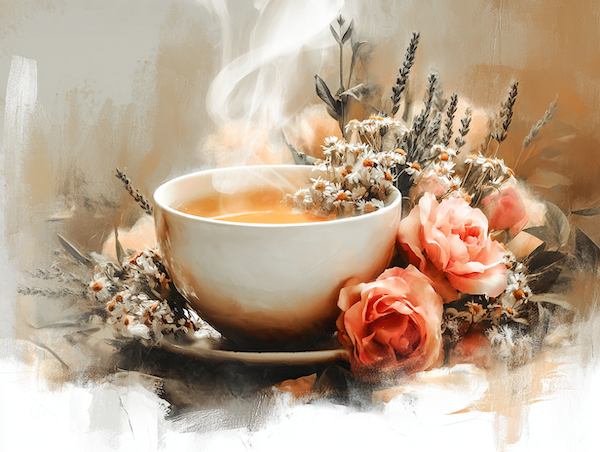 Watercolorbeeld van roos, lavendel en kamille waarvan de energieën samenstromen als harmoniserende plantmedicijnen.