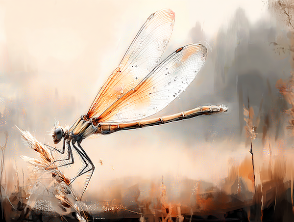 Close-up van een waterjuffer met dauwdruppels als symbool voor gevoeligheid en innerlijke rust.