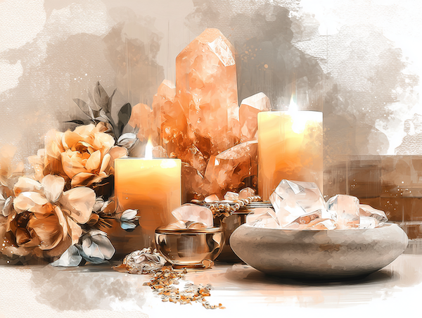 magisch altaar met kaarsen, kristallen en maanenergie voor de nieuwe maan in schorpioen.