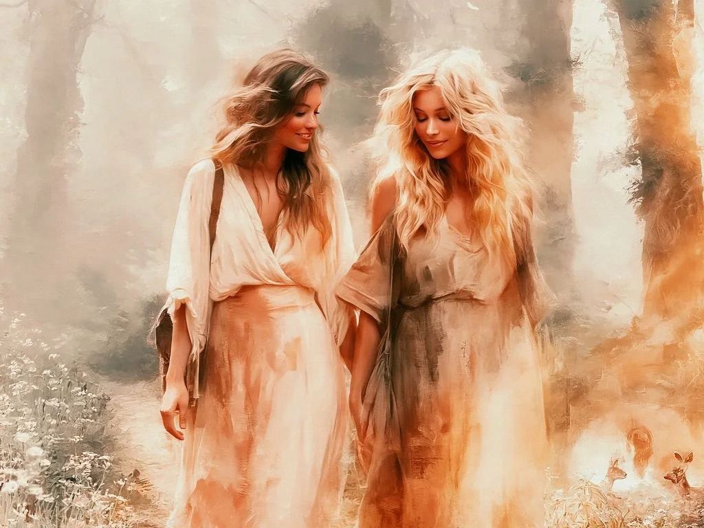 Twee natuurlijk mooie vrouwen wandelen door een mystiek bos als symbool voor soulmate en tweelingziel.