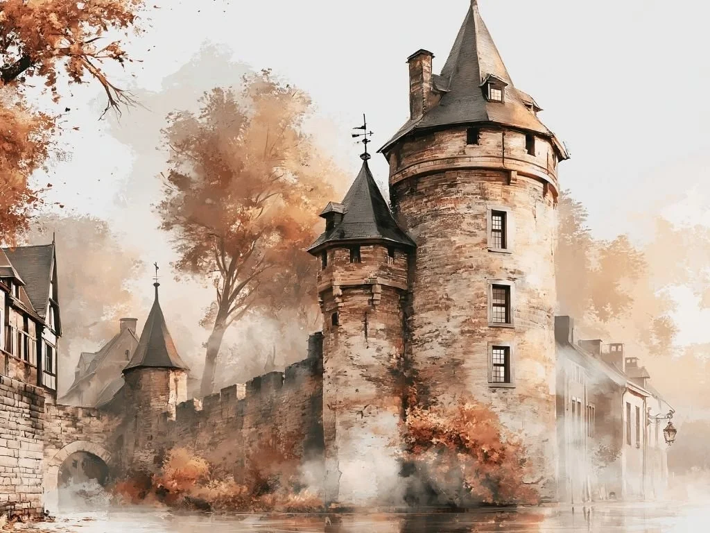Artistieke historische verbeelding van Mett van Asenraed wandelend door het landelijke Asenray rond 1613