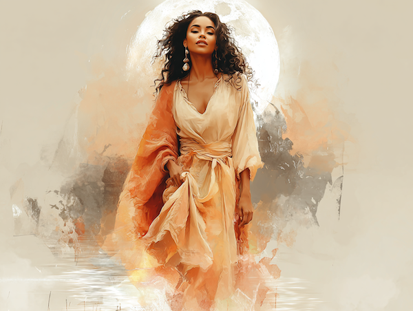 Vrouwelijke priesteres bij het water onder de nieuwe maan tijdens een spiritueel ritueel