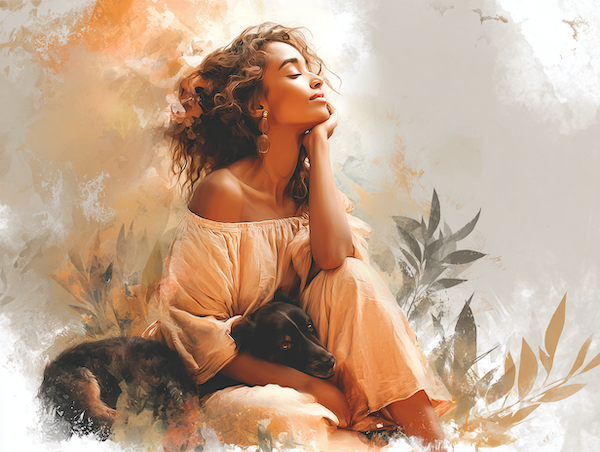 Vrouw in verbinding met haar hond in de natuur, symbool voor liefde, groei en bijdragen zoals beschreven in de zes menselijke behoeften van Tony Robbins.