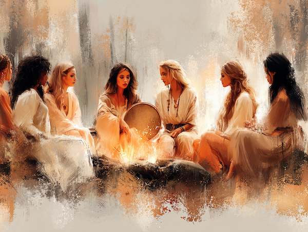Vrouwencirkel in de natuur met vrouwen rond het vuur en een sjamanendrum