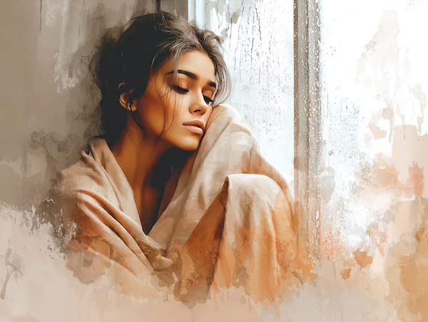 Vrouw die stil voor zich uit kijkt bij een regenachtig raam tijdens een moment van vermoeidheid en rust