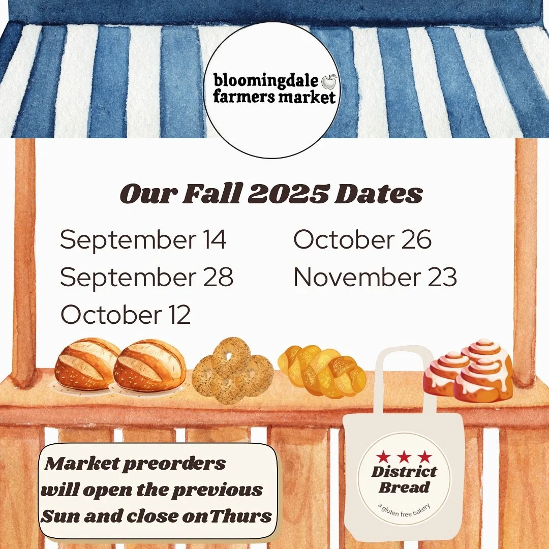 The Fall season at the Bloomingdale Farmers Market begins this Sunday and we are excited to have a recurring spot! @bloomingdalefarmersmarket.dc 

Our menu will include our core products you have loved over the summer: 
🍞traditional sourdough
🍞Kala