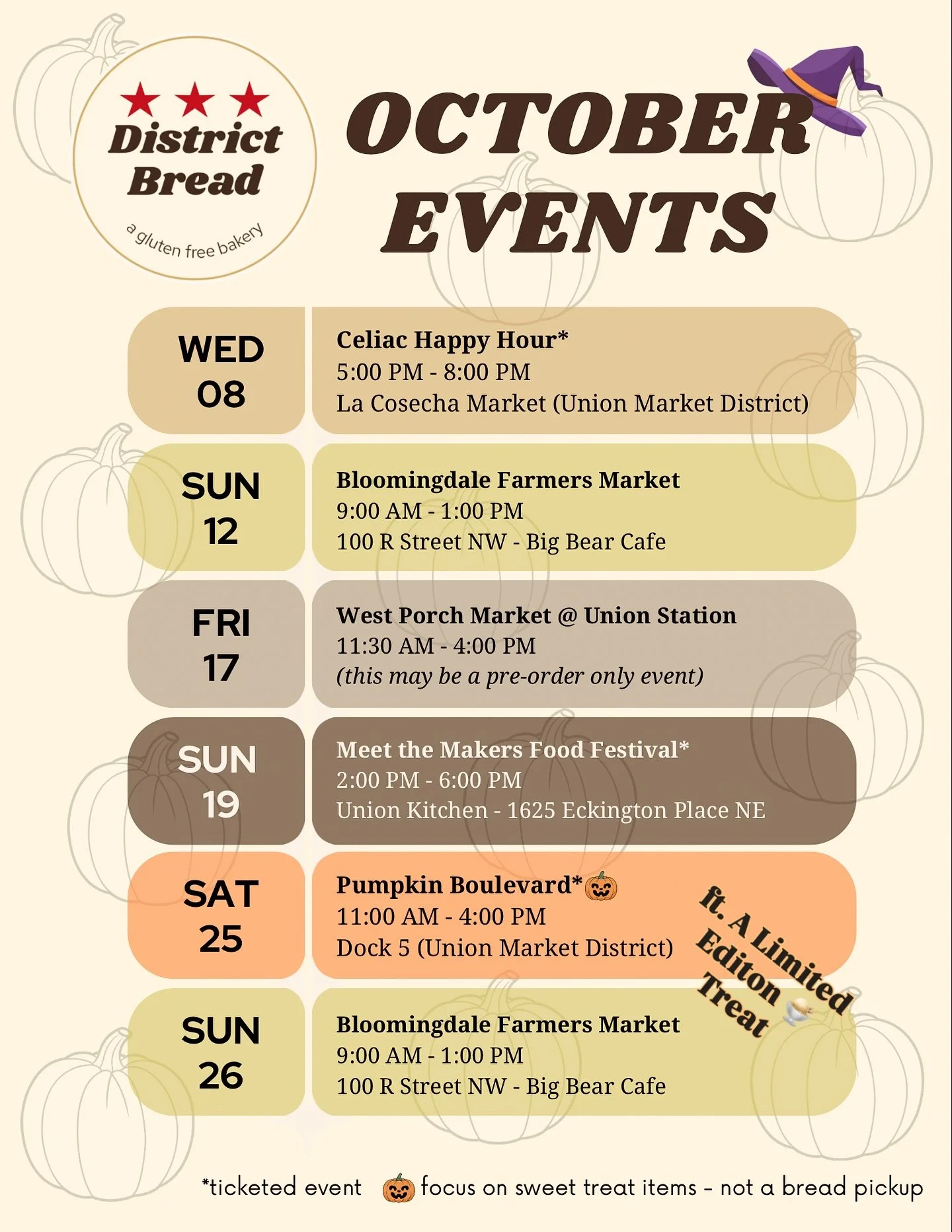 This is our (as of now) schedule for October! It&rsquo;s going to be a busy and fun month! 

🥂Celiac HH on Oct 8 - SOLD OUT! If you have a ticket don&rsquo;t forget to place your preorder on HotPlate! 

🍞Oct 12 Bloomingdale Farmers Market preorders