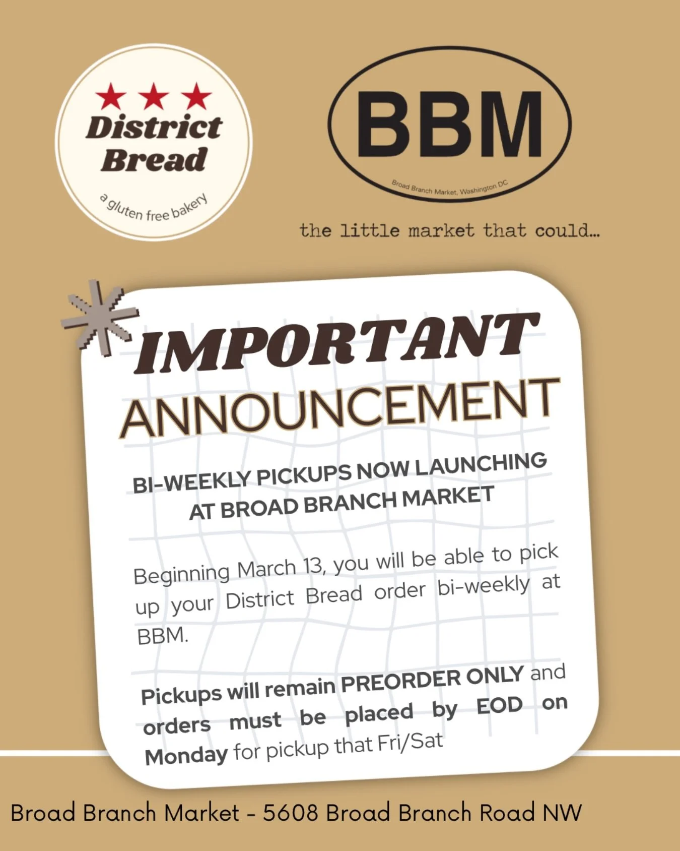 🚨 We are excited to partner with Broad Branch Market for biweekly District Bread pickups 🍞 

✨ Place orders on our website districtbread.com and select Broad Branch Market as your pickup location

✨ Pickups are on Fri/Sat and are pre-order only; or