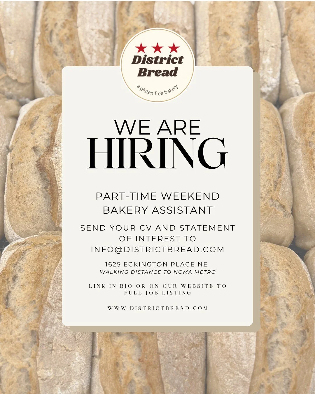 Thanks to all of you we are growing quickly and looking for a reliable and detail-oriented Part-Time Bakery Assistant to join our team on the weekends! 

Please send a brief note about your experience and availability to info@districtbread.com 

The 