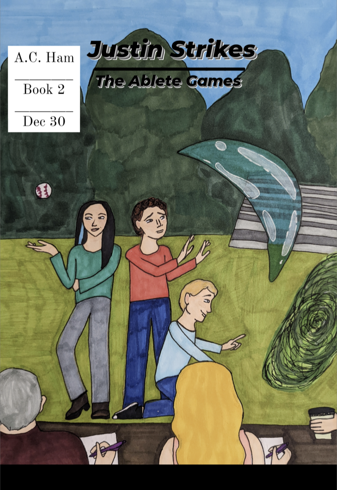 Book cover illustration for "Justin Strikes: The Ablete Games" by A.C. Ham, featuring three characters interacting in a park setting with a large portal in the background. Released on Dec 30, Book 2.