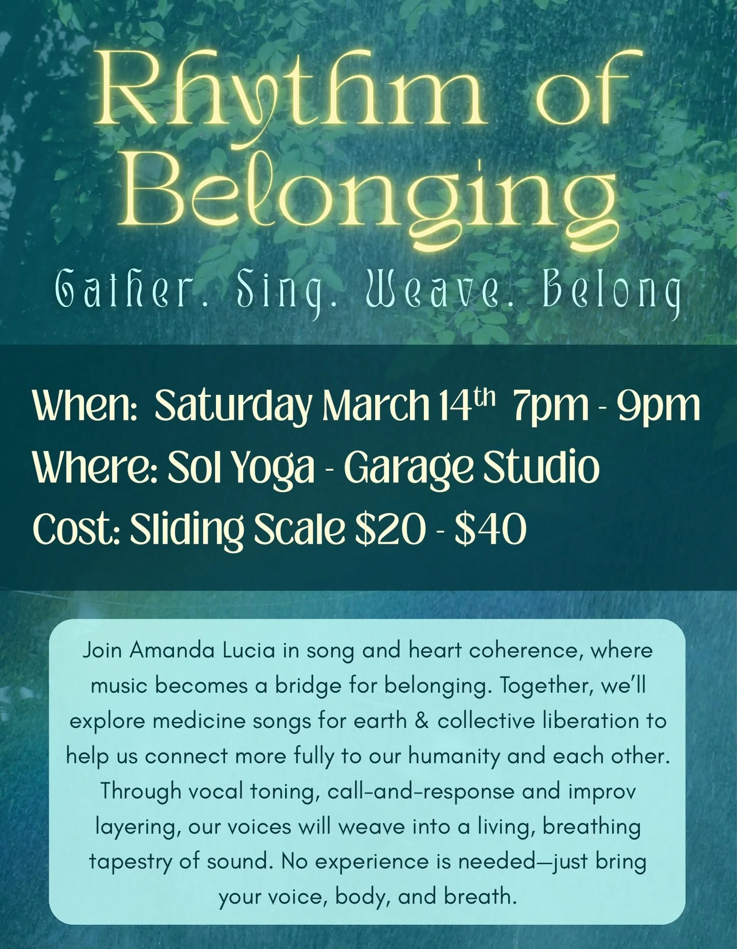 Song has and always will be a tool for liberation, solidarity and unity. 

Singing together helps us to remember that we were born for these times. That WE hold the TRUE POWER! And that we are all part of the same connected web. 🕸️

Whether you love