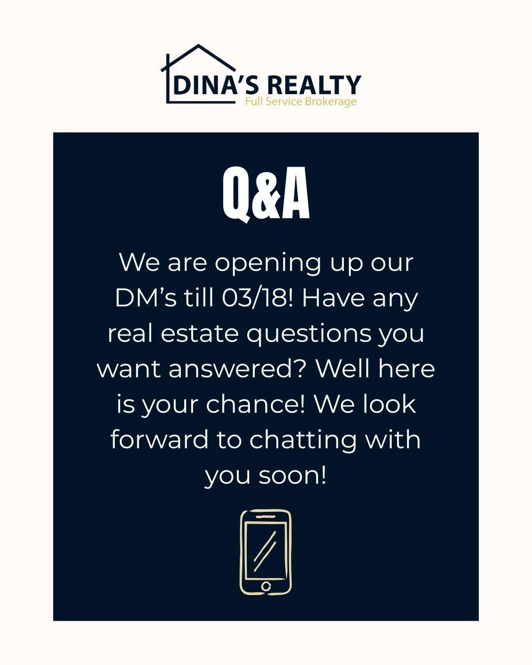 We want to hear from you! Send us your real estate questions and we will answer them. DM's open today and close 03/18. 

📱781-656-5156 💻 info@dinasrealty.com

#DinasRealty #RevereBeachRealEstate #BostonRealEstate #Agents #Selling #Buying #Investing
