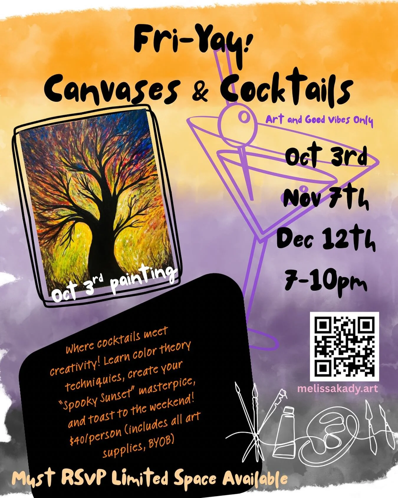Join me Oct 3rd for a spooky Fri-Yay Canvases &amp; Cocktails event! $40per person includes all of your art materials and some light bites! Space is limited! DM me for more details! www.melissakady.art #canvasesandcocktails #westonfl #westonflartist 