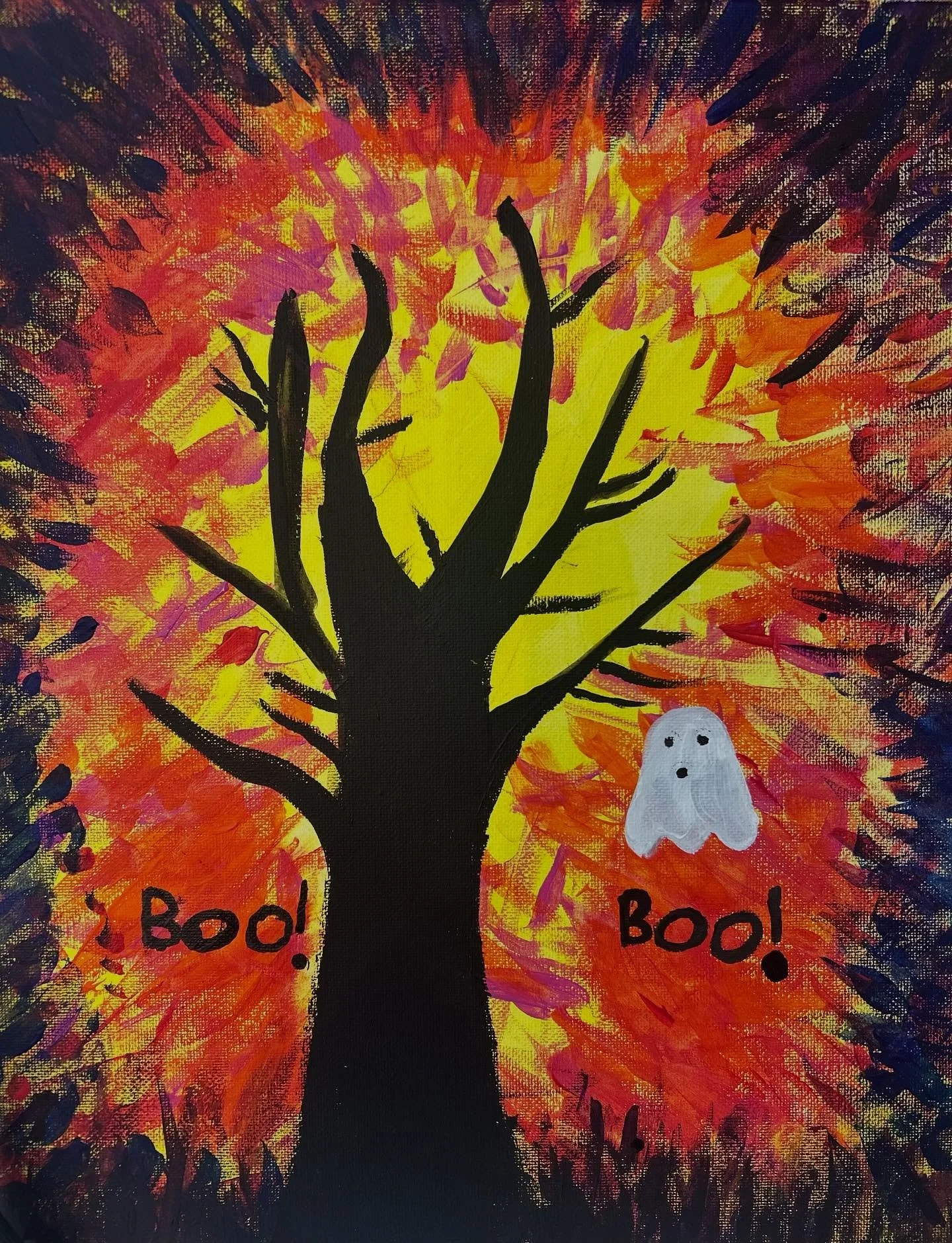 My daughters version of our spooky sunset paint and sip! #kidswhocreate #littleartist #kidsart #paintingparties #westonartclasses #paintandsip #spookysunset
