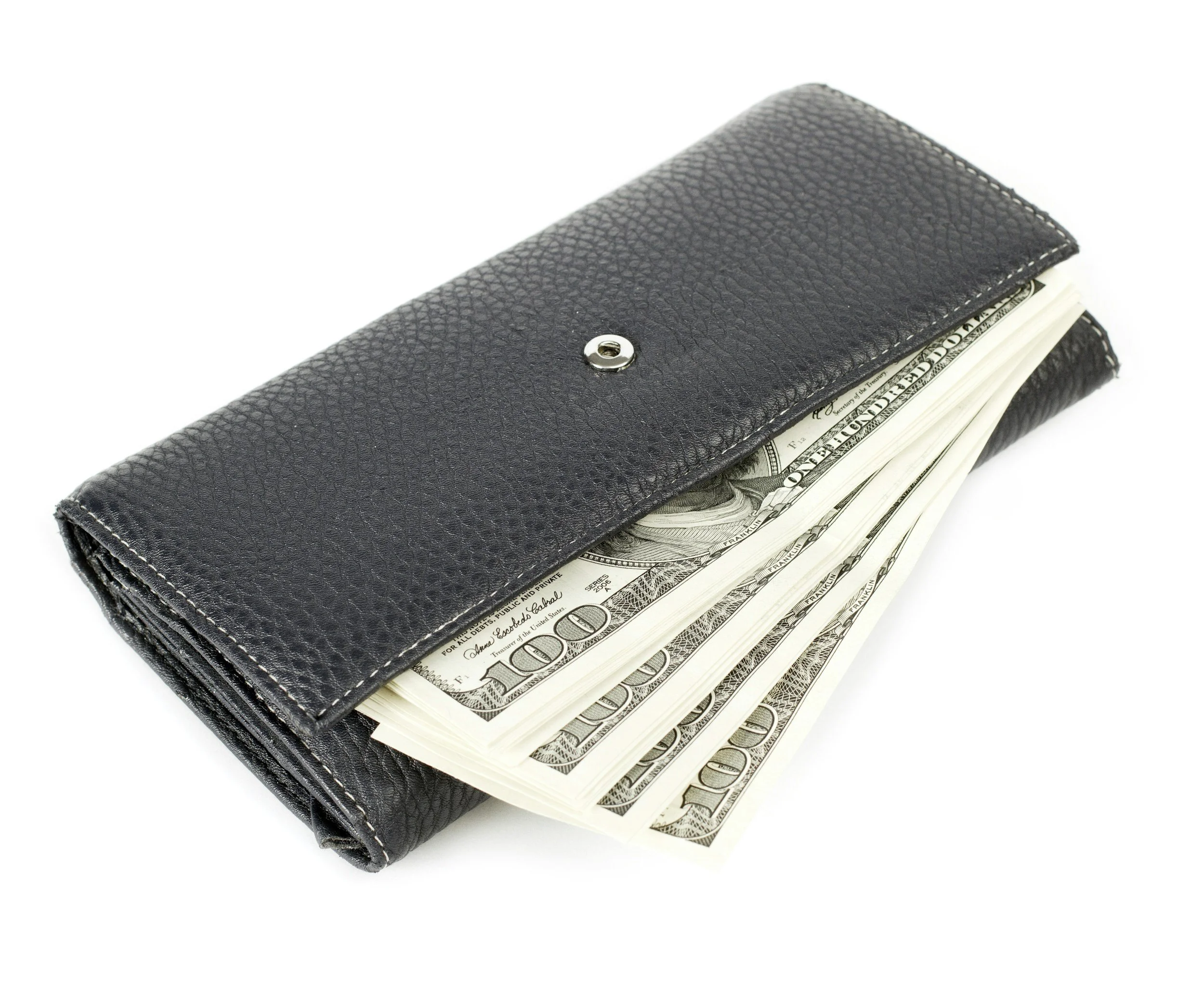 Black leather wallet with a snap closure, containing several hundred-dollar bills sticking out.