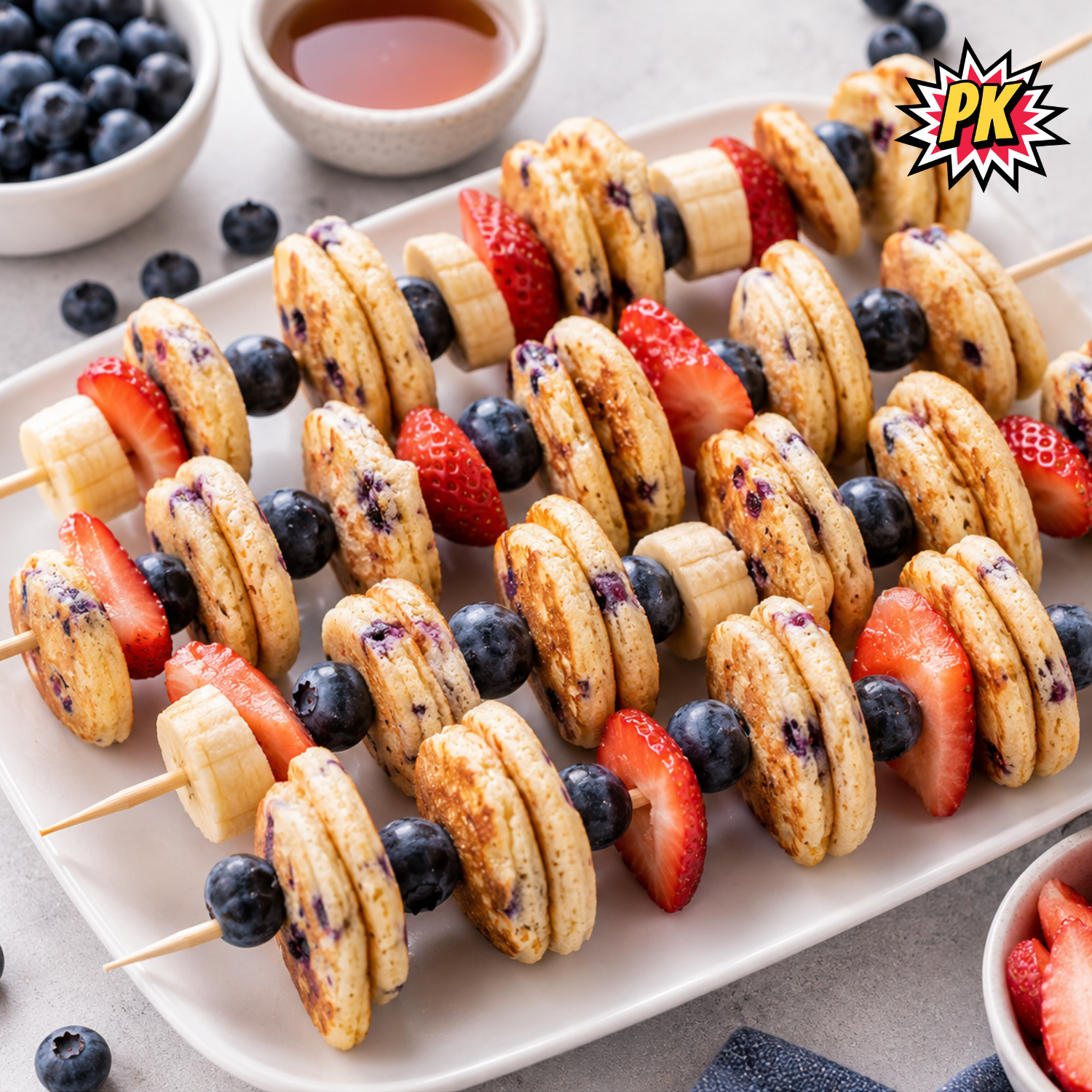 Mini Blueberry Protein Pancake and Fruit Kabobs