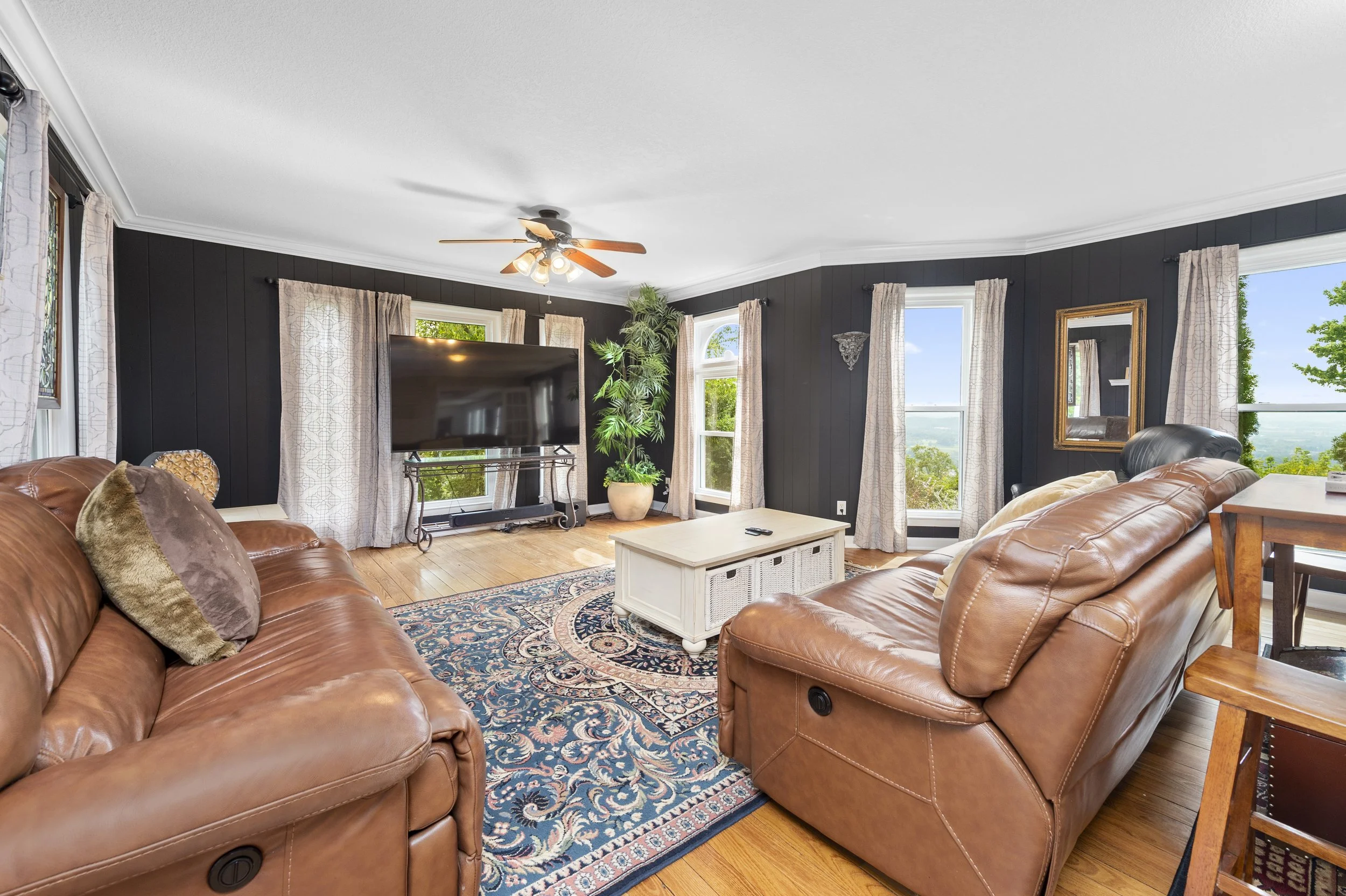 Cozy living room with brown leather sofas, large flat-screen TV, ceiling fan, potted plant, and coffee table on an ornate rug. Windows with curtains provide natural light.