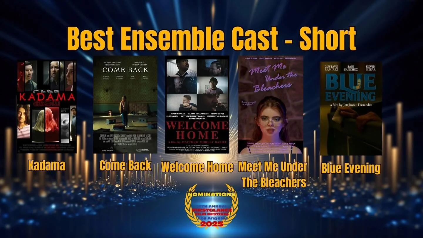 Excited and honored to be nominated with my talented Meet Me Under the Bleachers costars for Best Ensemble Cast- Short Film at the 25th Annual FirstGlance Los Angeles Film Festival. Looking forward to attending and catching up with some west coast fr