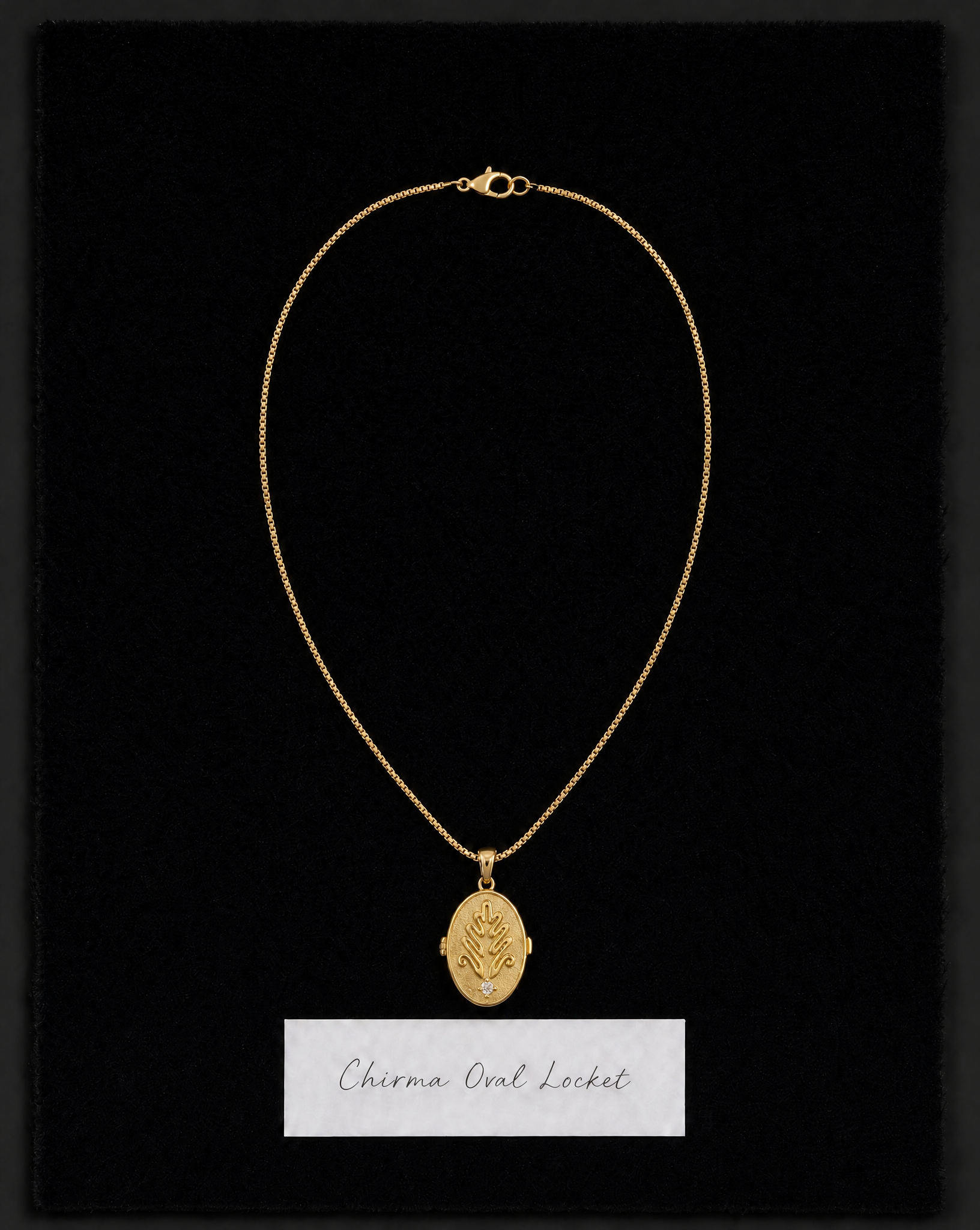 Chirma heirloom locket necklace in 18k gold-plated sterling silver with a lab-grown diamond.