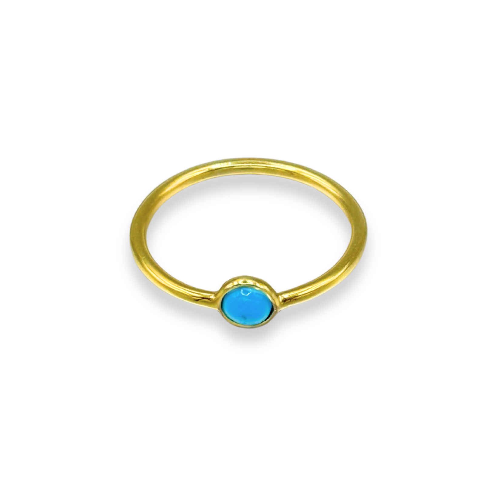 Gold ring with a turquoise stone on a black background.