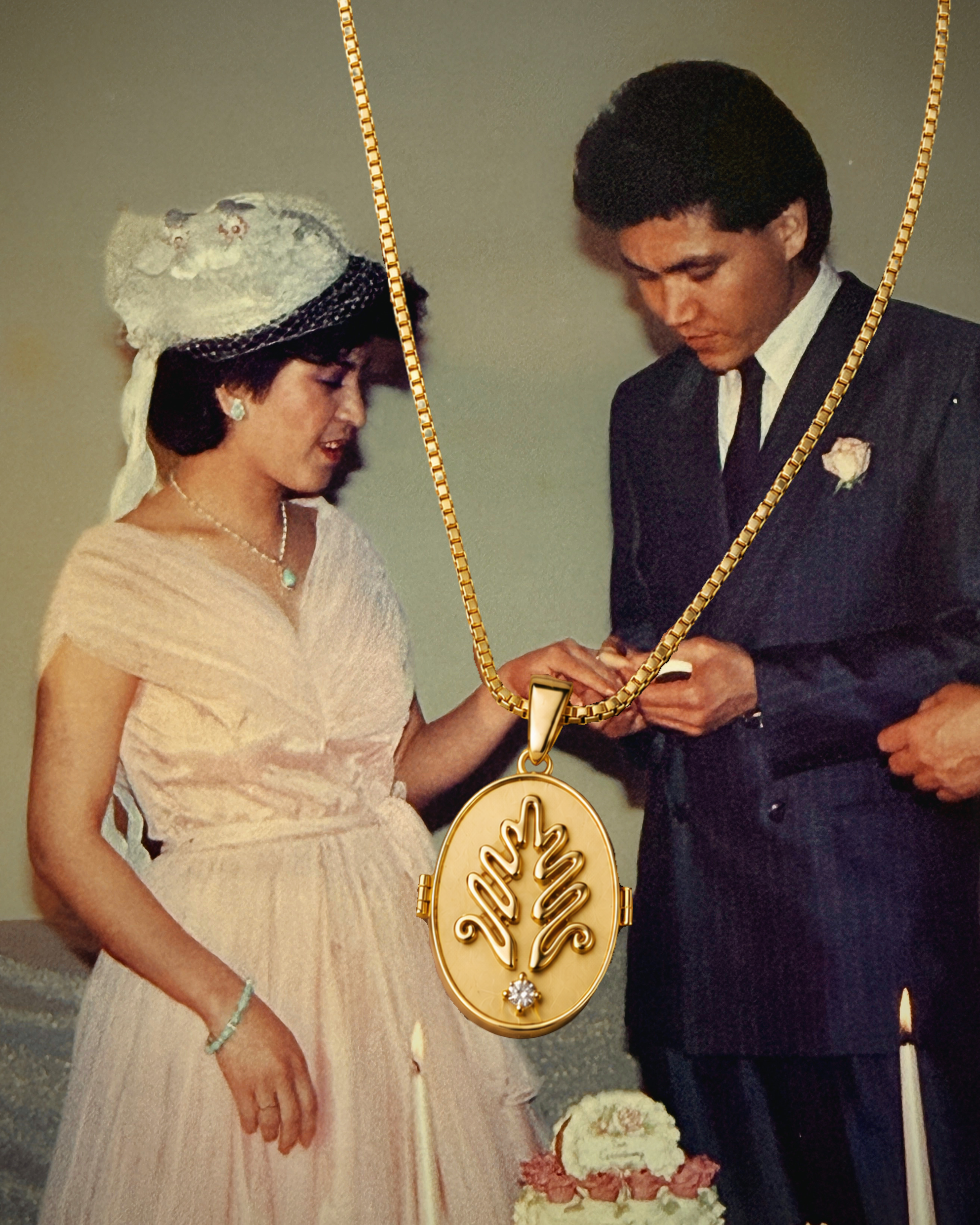 Vintage wedding photograph layered with the Chirma heirloom locket in 18k gold-plated sterling silver inspired by traditional Afghan embroidery motifs.