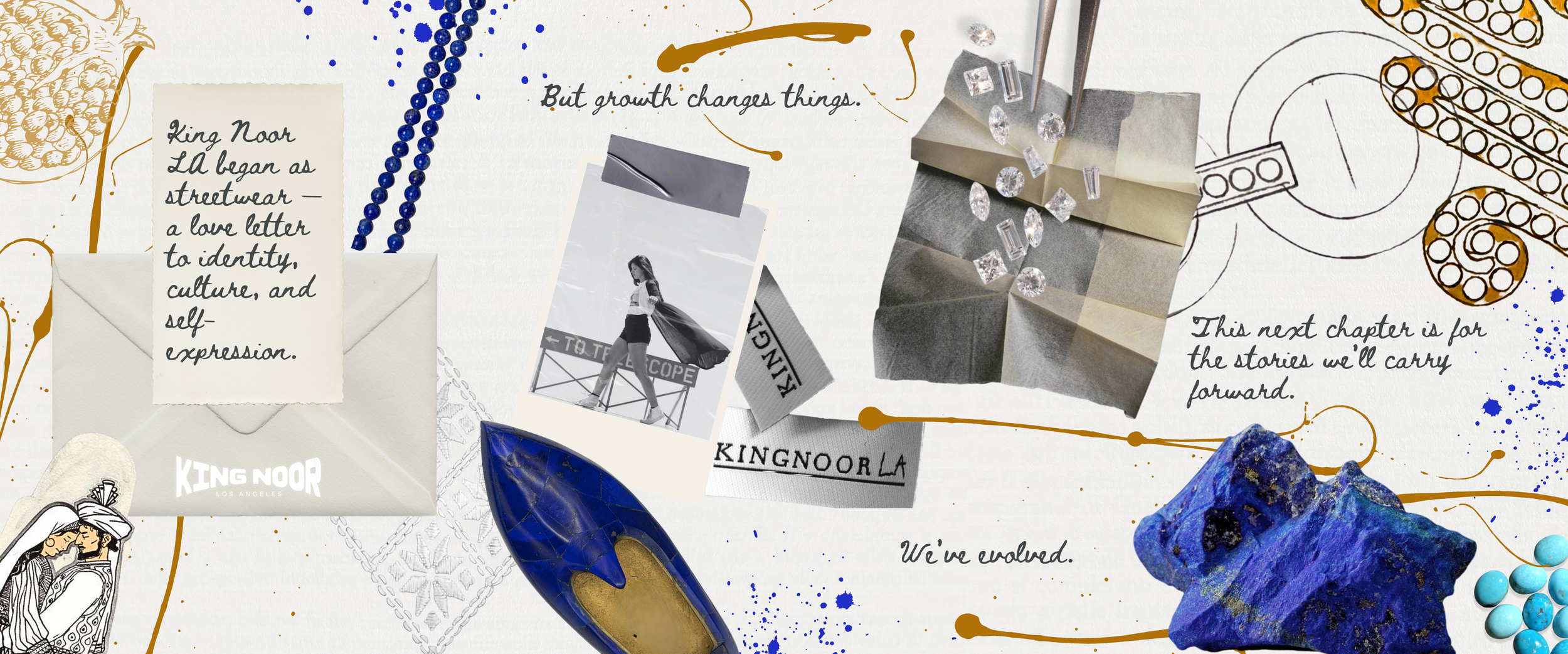A collage of fashion, jewelry, and travel memorabilia, including a black & white photo of a woman walking, jewelry pieces like diamonds, a blue gemstone, and a pair of blue earrings, along with handwritten notes and sketches about growth and identity.