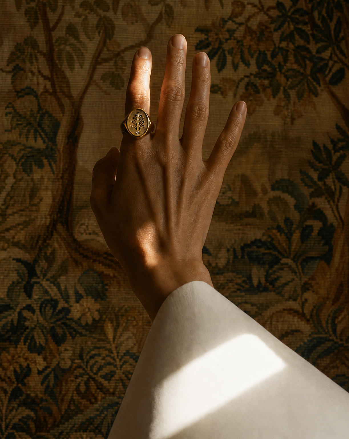 Afghan-inspired Chirma signet ring styled against a patterned textile backdrop.