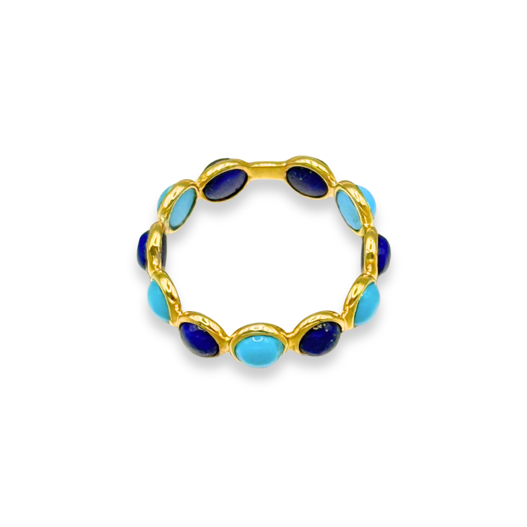 Gold ring with alternating blue and turquoise oval stones against black background.