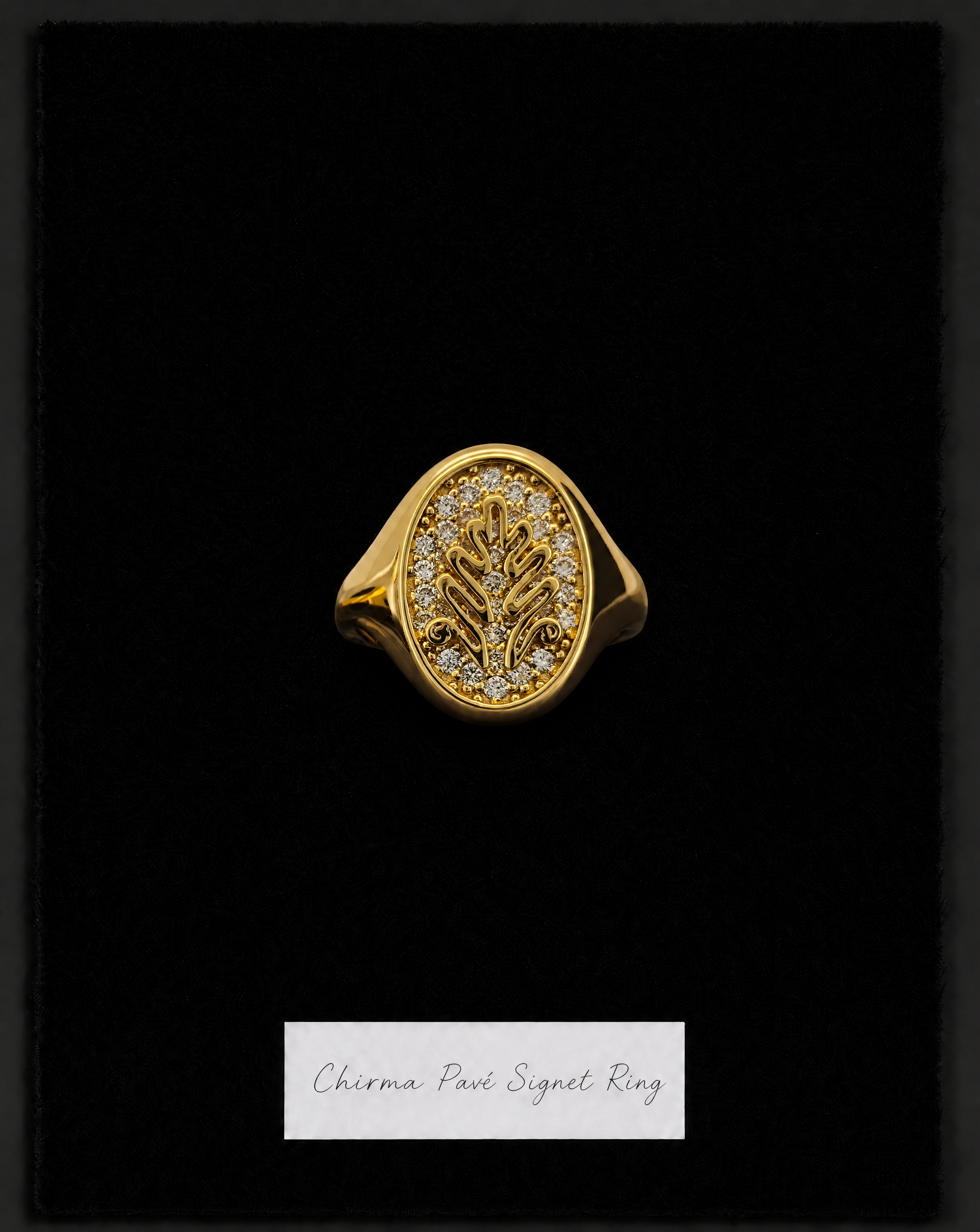 Pavé Chirma signet ring in 18k gold-plated sterling silver with lab-grown diamonds inspired by Afghan Chirmadozi embroidery.