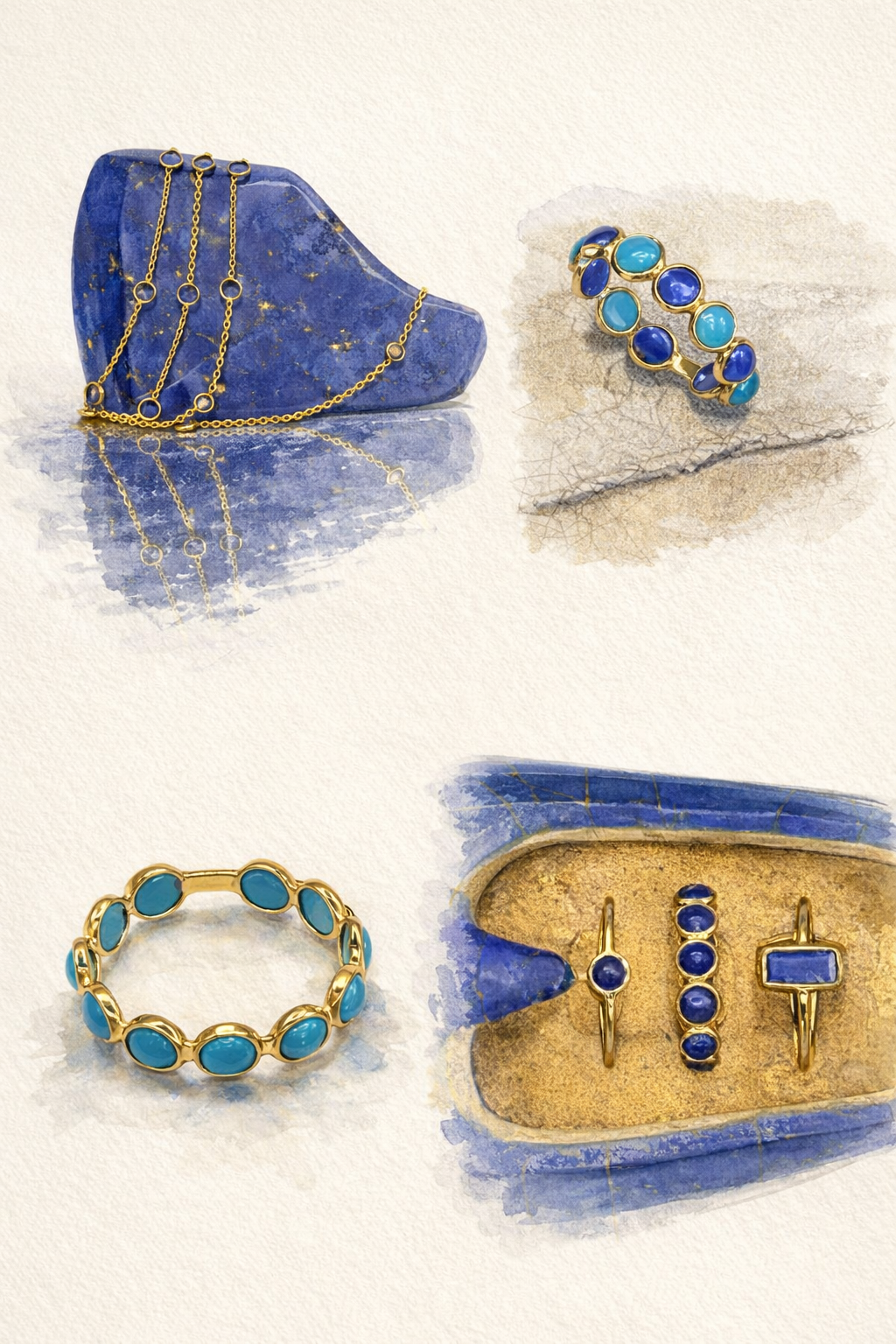 Paivand jewelry pieces featuring lapis lazuli and turquoise set in gold.