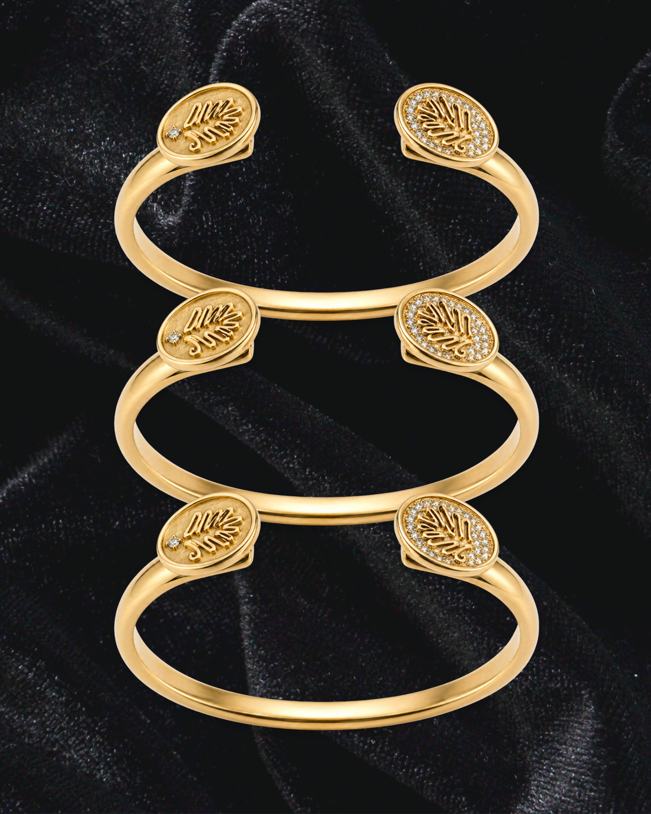 Gold cuff bracelet inspired by traditional Afghan Chirmadozi embroidery motifs.