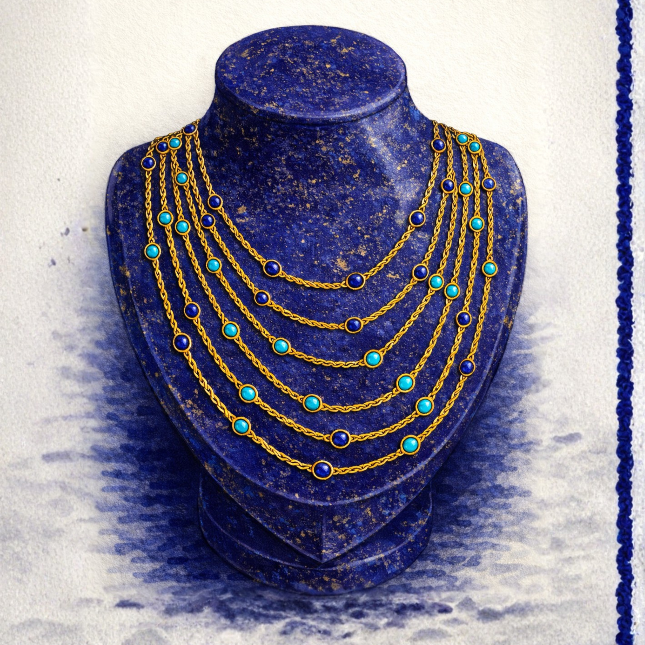 Gold chain necklaces with lapis lazuli and turquoise gemstones, displayed on a beautiful lapis lazuli necklace stand.