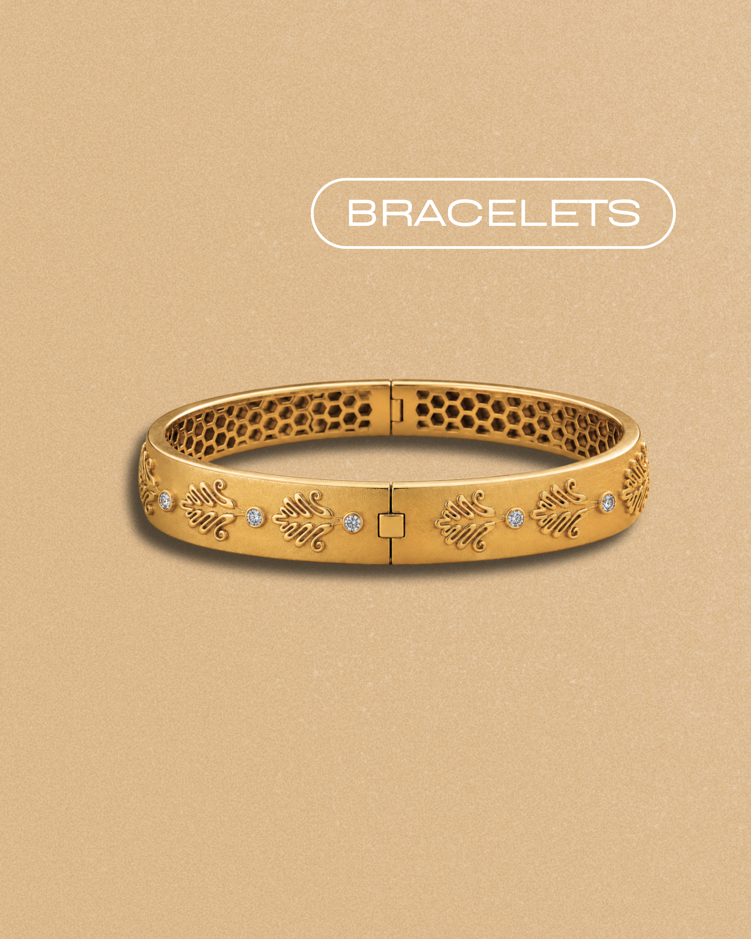 Chirma bangle bracelet in 18k gold-plated sterling silver inspired by traditional Afghan embroidery motifs.